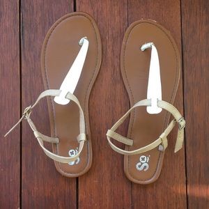 T-Strap White and Brown Sandals